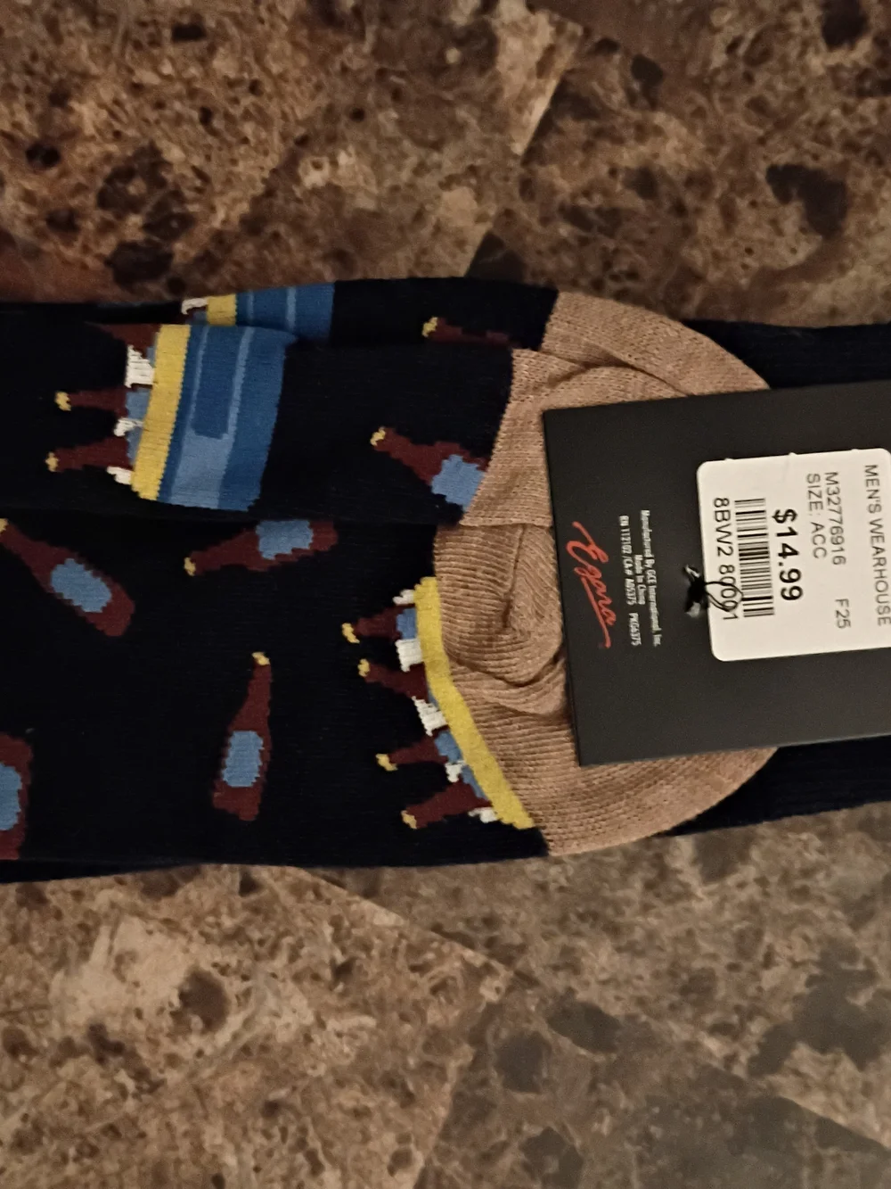 Egara Navy Socks with Blue Cooler and Brown Bottle Pattern